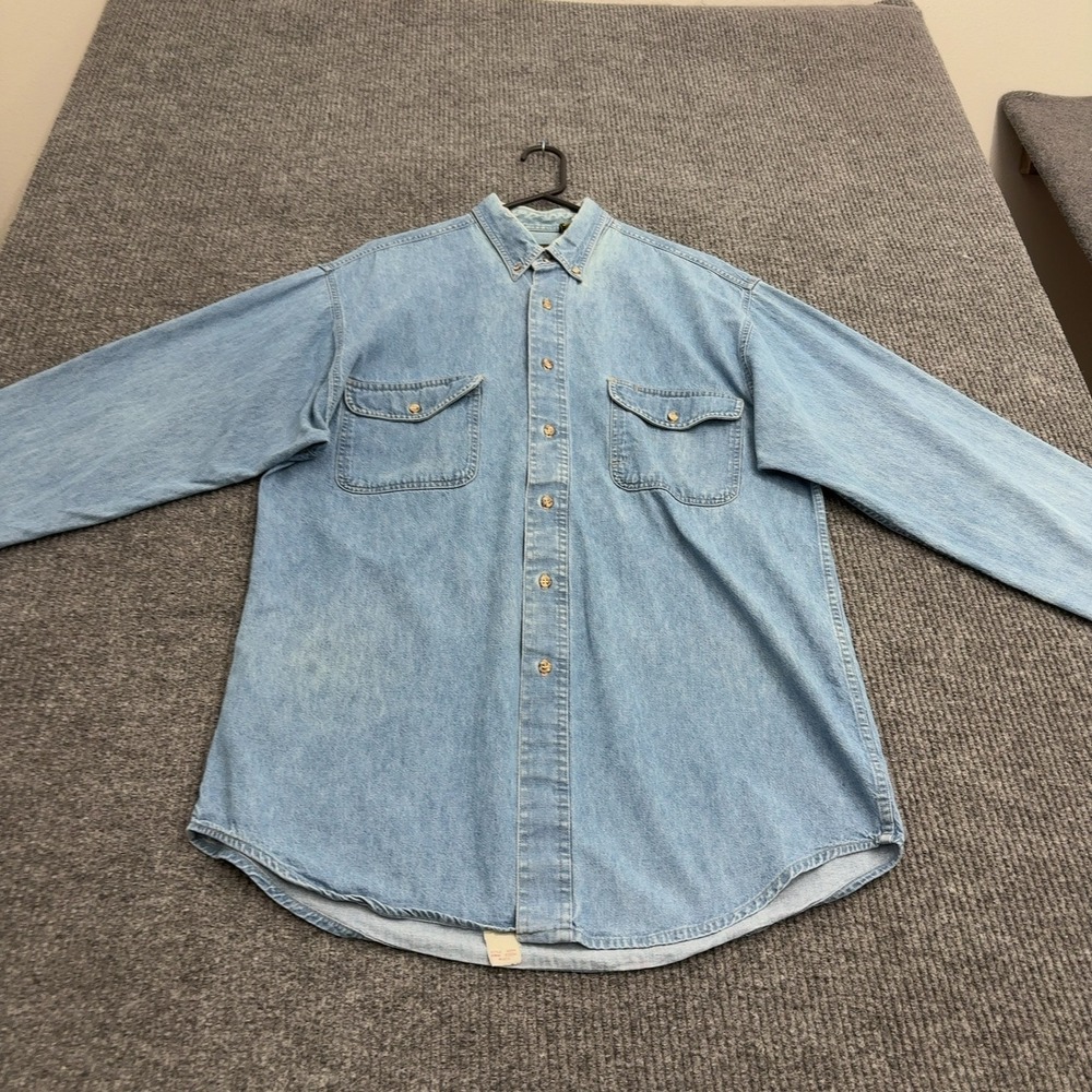 Vintage Eddie Bauer Shirt Mens L Blue Denim 100% Cotton Button Down Workwear